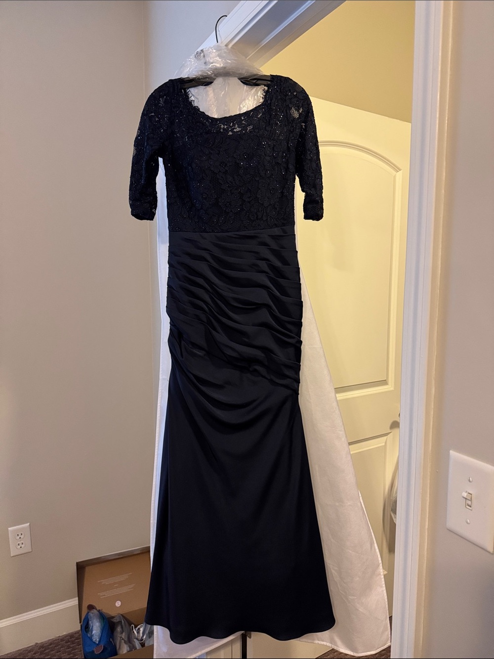 La Femme Navy Lace Bodice Ruched Long Sleeve Evening Gown